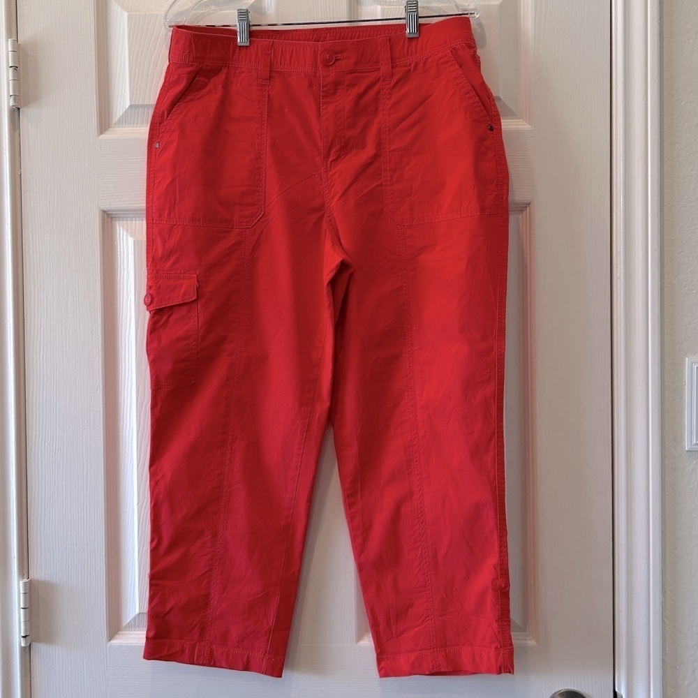 Chico's Utility Capri Pants Chicos Size 1.5 USA 10 Coral Cotton Spandex